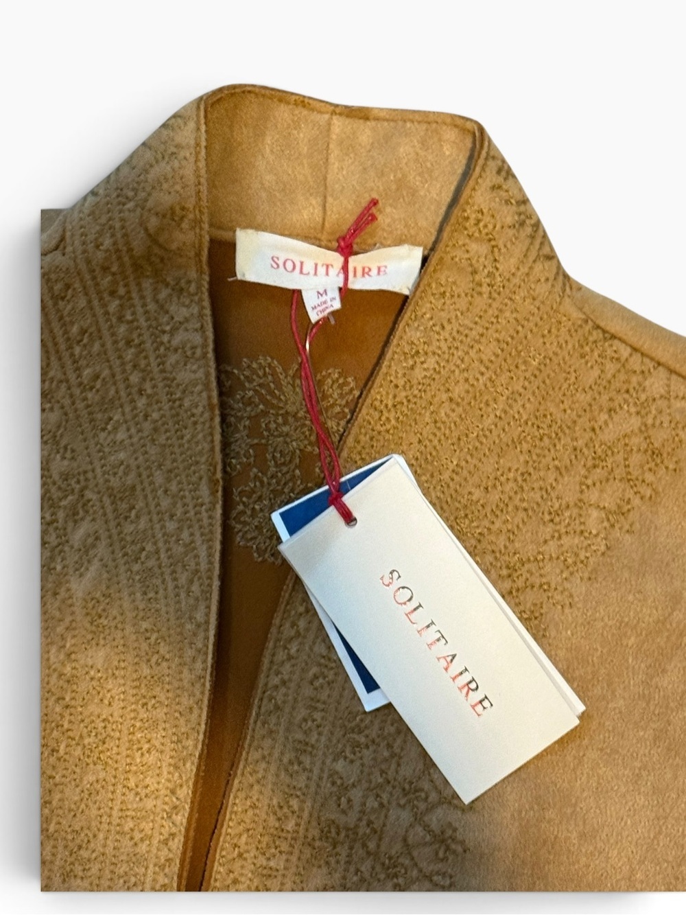 Solitaire Camel Faux Suede Embroidered Long Jacket – Size Medium - Picture 4 of 4